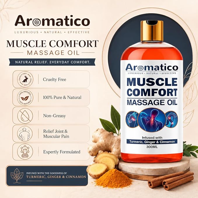 AROMATICO Muscle Comfort Deep Tissue Massage Oil - Herbal Massage Oil with Ginger, Turmeric & Clove for Joint Pain, Back Pain & Muscle Relaxing | 10 Fl Oz