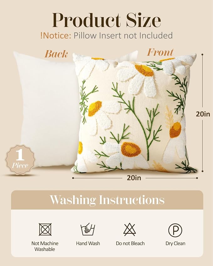 Embroidered Throw Pillow Cover - 20x20 Decorative Pillow Cover with Zipper Aesthetic Cute Design Boho Spring Summer Cozy Throw Pillowcase for Living Room Couch Sofa Bed, Daisy