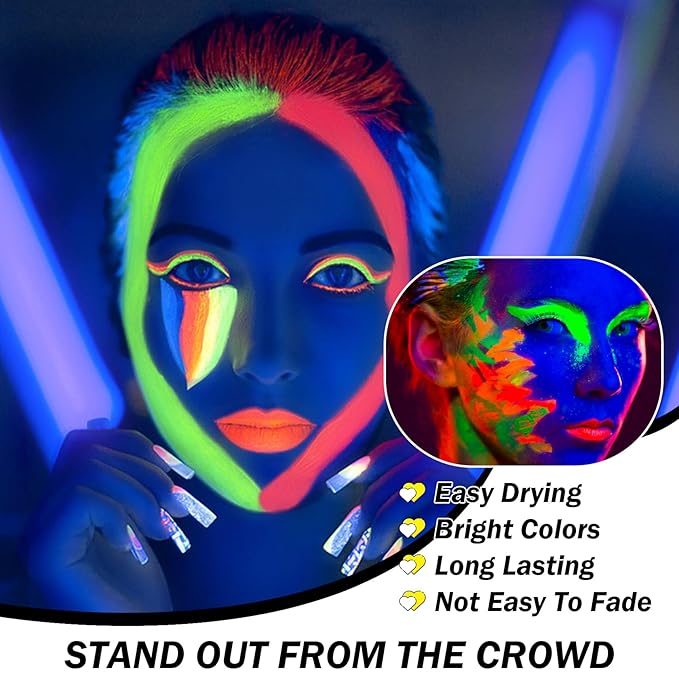 8 Colors Neon Face Paint Glow in The Dark UV Blacklight Body Paint Professional Water Activated Face Paint for Adults Kids Halloween Makeup