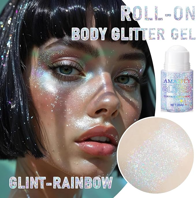 Roll-on Holographic Body Glitter Gel for Face and Hair, Chameleon Color Changing Glitter Gel Under Light, Chunky Mermaid Sequins Festival Party Rave Accessories Body Shimmer Makeup (Glint-Rainbow)