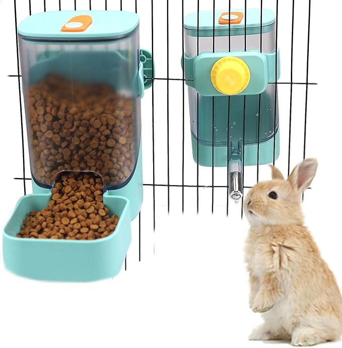 PODOO Rabbit Food Water Dispenser, 24oz No Drip Bunny Water Feeder, 34oz Large Hanging Automatic Pet Food Dispenser, Hanging Outside or Inside The Cage for Small Animals (Food+Water) | 24oz water dispenser and 34oz food feeder with clear detachable con...