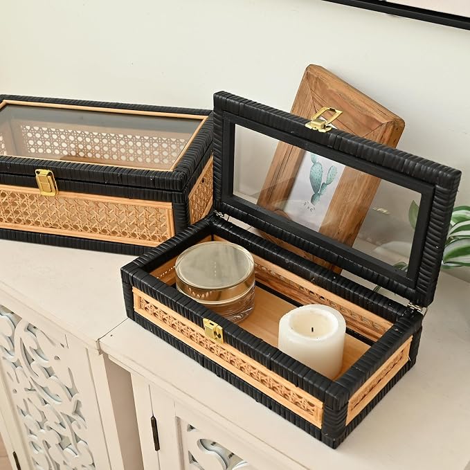 Black Rattan Decorative Storage Boxes with Glass Lids – Set of 2 Ribbed Wood Display Cases with Cane Weave & Solid Base – Nesting Coffee Table Organizer for Boho Chic Home Decor, Keepsakes