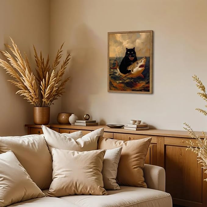 Funny Black Cat Riding Shark Wall Art Whimsical Bar Cart Wall Decor Picture Eclectic Shark Ocean Poster Canvas Painting Prints for Bedroom Living Room 16x24 inch Framed