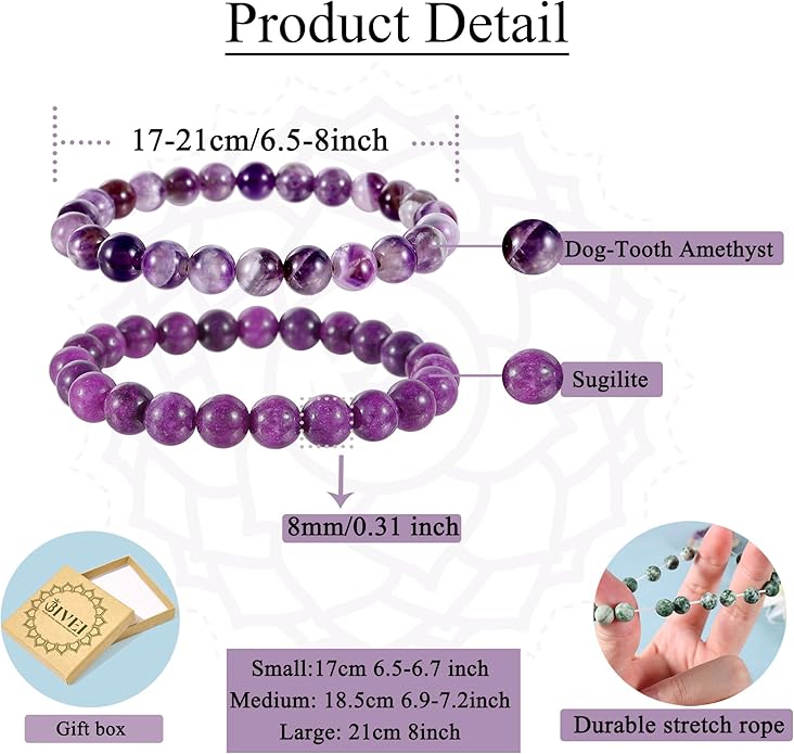 Bivei Natural Gemstone Semi Precious Healing Crystals Handmade Stretchy Round Beads Bracelet,Stocking Stuffers for Women Enhance Positive Energy