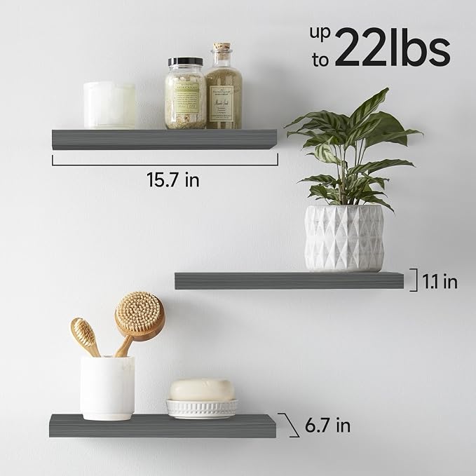 BAYKA Grey Floating Shelves 15.7in, Set of 3, Wall Mount Rustic Wood Shelf | 22lbs Max Load, Hidden Bracket, for Bathroom Bedroom Kitchen Display Storage Decor, Easy Install, Multi-Wall Compatible