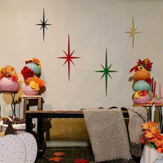 4 Pcs Star Wall Art for Home Decor Living Room Bedroom Office Metal 3D,Bling,with Hanging Hook Starburst Midcentury Sculpture Retro Gallery Accent Celestial -Gold 16.5in/9.4in