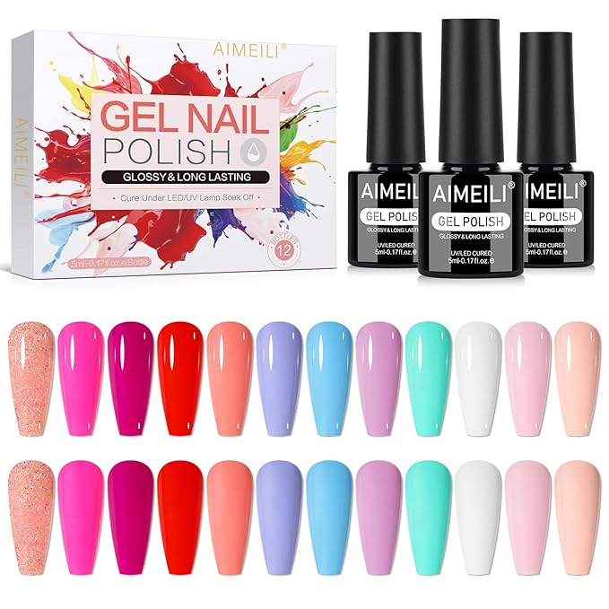 AIMEILI Summer Gel Nail Polish Set 12pcs, Hema Free, Cruelty Free, Vegan, Soak Off U V LED Nail Art Manicure Salon DIY for Women - Kit 33