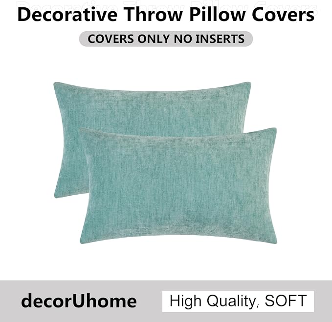 decorUhome Soft Chenille Aqua Haze Throw Pillow Covers 12X20 Set of 2 | Decorative Fall Couch Pillow Covers Solid Dyed Accent Modern Farmhouse Neutral Rectangle Pillow Cases for Sofa