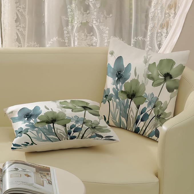 Floral Pillow Covers 16x16 Inches Set of 2 Sage Green Blue Floral Throw Pillow Covers Outdoor Rustic Spring Summer Flower Decoration Pillowcase Farmhouse Decorative Cushion Cover For Sofa Couch