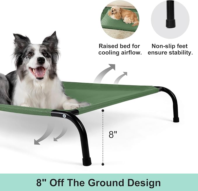 Cooling Elevated Dog Bed with Non-Slip Floor Protectors & Breathable Mesh, Raised Indoor & Outdoor Dog Cot Hammock, 34" L x 22" W x 8" Th, Small, Green
