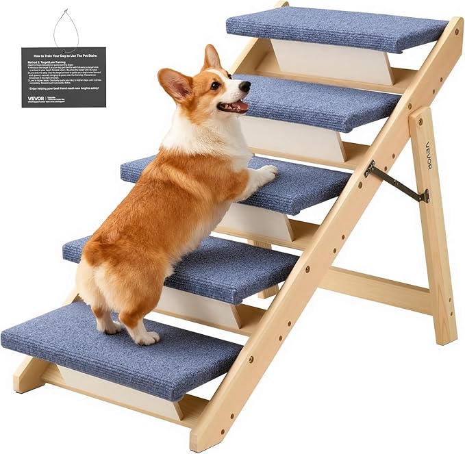 VEVOR Wood Pet Stairs, 5-Step Dog Stairs for Beds, Sofa & Cars, Floded Flat | For Small Medium Large Older Pet Puppy Essentials, 150lbs Load Capacity, Stable & Sturdy Cat & Dog Step Ladder, Non-Slip