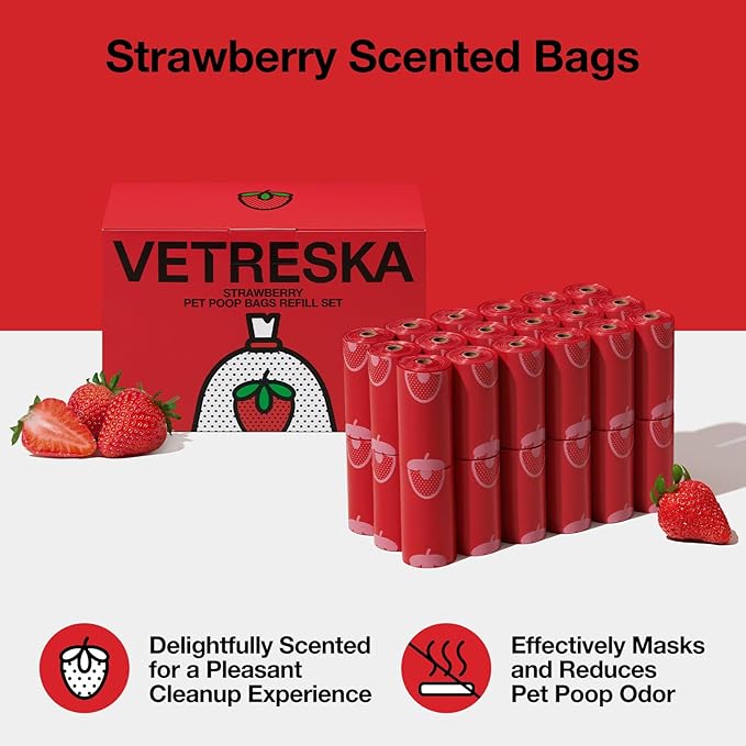 VETRESKA Strawberry Scented Dog Poop Bags, Leak Proof, 540 Counts | Extra Thick and Large Pet Waste Bags for Dogs Walking and Cat Litter, 36 Rolls