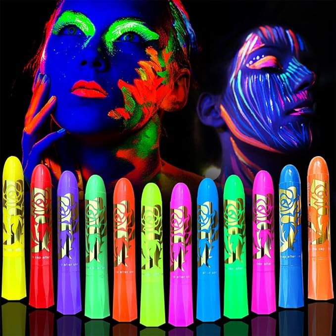 Glow in The Dark Face Body Paint,UV Black Light Makeup Neon Face and Body Paint Glow Sticks Makeup Face Painting Kits for Kids Adult, Neon Face Paint Crayons for Halloween and Parties (12 color)