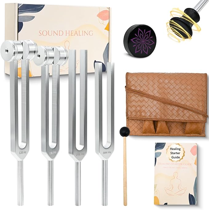 Tuning Fork for Healing Set – 128Hz, 136.1Hz, 256Hz, 384Hz for Sleep & Stress, Chakra Balance, Mental Focus, Relaxation, Meditation Accessories & Sound Therapy Devices | Activator + Pouch