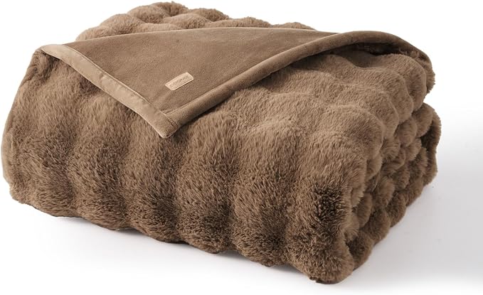Faux Rabbit Fur Bubble Throw Blanket, 60"x80", Natural Tan | Ultra Soft, Luxury Faux Rabbit Fur Throw, Thick Warm Bubble Blanket, Cozy Fluffy Reversible, for Bed, Couch, Chair, Sofa