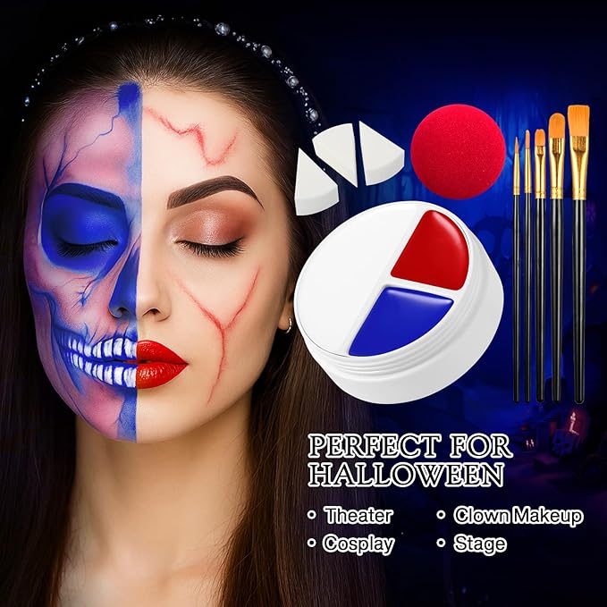 Blue White Red Face Body Paint Halloween makeup Kit, 3 colors Cream Blendable Paints with 5 Brushes, Sponge Applicators & Clown Nose Face Painting Set for Kids Adults Devil SFX Clown Costume Cosplay