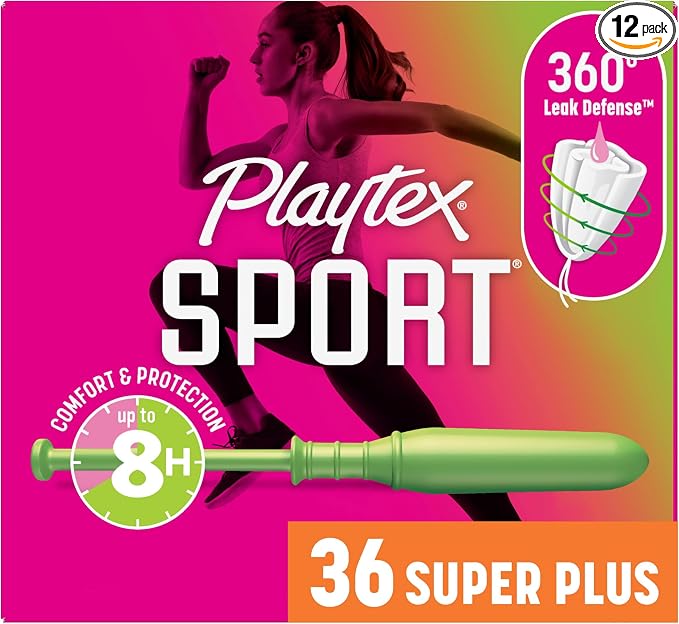 Playtex Sport Tampons, Super Plus Absorbency, Fragrance-Free | 360 Leak Defense | 36 Count, Pack of 12
