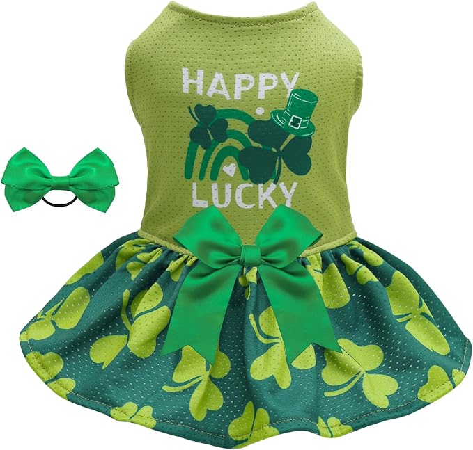 CuteBone Dog Mesh Dress St.Patrick's Day Puppy Sundress Pet Outfit Summer Fashion for Small Dogs Girl Cat Clothes
