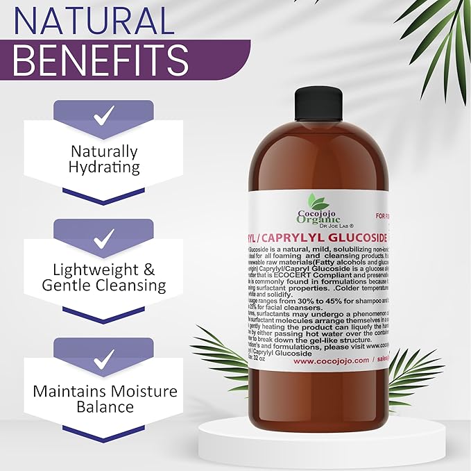 Dr Joe Lab Capryl Glucoside Liquid Surfactant - Caprylyl Natural, Plant Derived - DIY Skin Care - Shower Gels, Foaming, Body Soap, Shampoos Baby Products Face Cleansers - COCOJOJO - 32 Oz