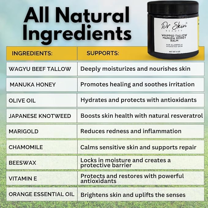 Whipped Beef Tallow and Manuka Honey Balm, 4oz, Orange scent, Grass Fed Grass Finished Organic Face Cream, Body Lotion, and Lip Balm for psoriasis, eczema and babies