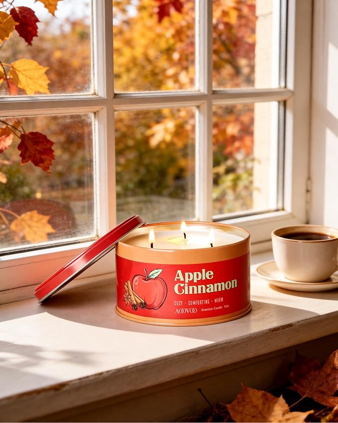 AOOVOO Apple Cinnamon Candle - 3 Wick 12oz Large Fall Candles, Soy Wax Strong Scented Candle Non Toxic, Long Lasting Aromatherapy Candle for Home, Holiday Gift for Women Men
