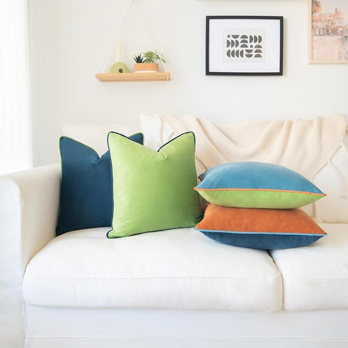 MONDAY MOOSE Decorative Throw Pillow Covers Cushion Cases, Set of 4 Soft Velvet Modern Double-Sided Designs, Mix and Match for Home Decor, Pillow Inserts Not Included (16x16 inch, Blue/Orange)