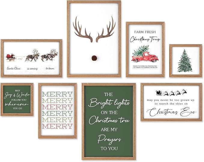 Faccito 8 Set Reindeer Christian Wall Art Framed, Wooden Decor | Religious Quotes Decor for Bedroom Office, Inspirational Scripture Wooden Art, Modern Framed Set for Home Classroom Work