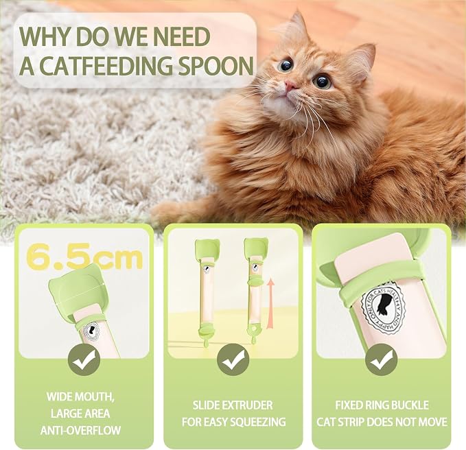 2 pcs Cat Strip Feeders, Cute Cat Head Shape Cat Strip Squeeze Spoons Multifunctional 2-in-1 Cat Food Dispenser Cat Treat Spoons Cat Food Spoons for Wet Food Cat Pet Supplies