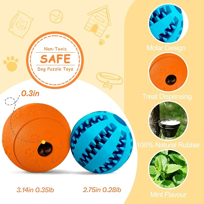 HIPPIH Dog Puzzle Toy 2 Pack, Interactive Dog Toys for Treat Dispensing | Durable Puppy Enrichment Toys, Dog Treat Ball for Teething, Slow Feeder, IQ Training, Blue-2.75'', Orange-3.14''