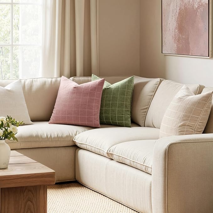 MIULEE Blush Pink Plaid Decorative Throw Pillow Covers 20x20 Set of 2 | Vintage, Check Chenille Couch Pillows, Neutral Boho Farmhouse Cushion Covers, Modern Home Decor for Sofa Bed Living Room