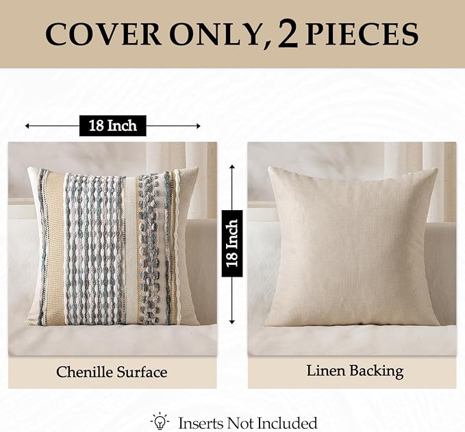 ANRODUO Boho Decorative Pillow Covers Gray Blue Stripe 26x26 Inch Pack of 2 | Euro Throw Pillow Covers, Farmhouse Cushion Case, Chenille Pillow Cases, Pillow Covers, Neutral Pillowcase for Sofa Couch Bed