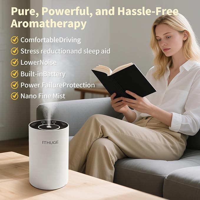 Waterless Nebulizing Essential Oil Diffuser - 48H Battery Powered Portable Aromatherapy with 3 Intensity Levels, USB-C Rechargeable for Car Home Office Yoga Travel (Black)