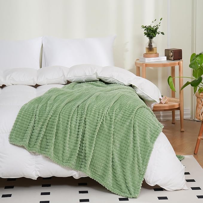 Puncuntex Fleece Throw Blanket Sage Green 90"×90" with Square Grid Design | Super Soft Plush Cozy Flannel Throw Blanket Luxury for Couch Sofa Chair
