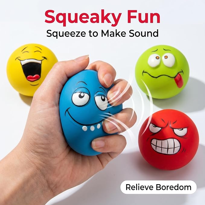 Squeaky Dog Toys, Funny Face Latex Rubber Interactive Dog Balls, Soft Chew Fetch Play Toys for Puppy Small Medium Dogs, 4PCS