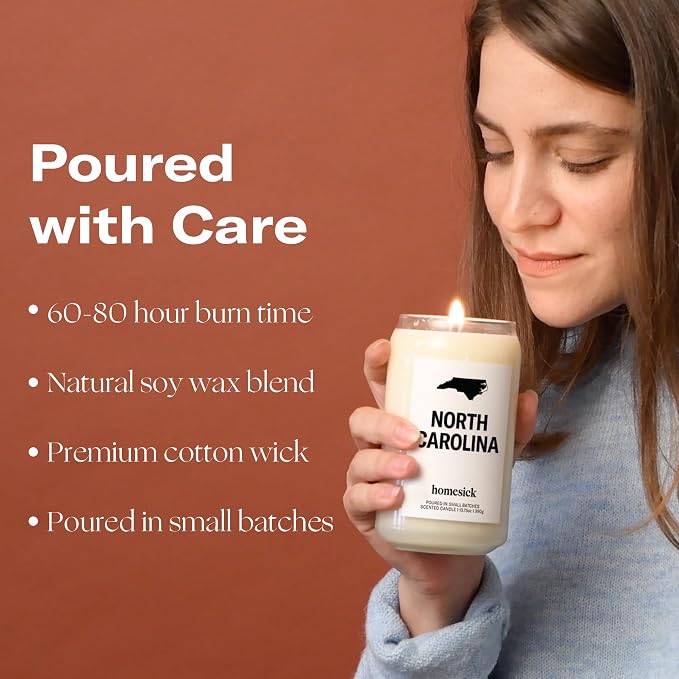 Homesick Scented Candles for Home (North Carolina) - 13.75 oz Long-Lasting Soy Wax Jar Candle for Women & Men for All Occasions, 60-80 Hours Burn Time - Notes of BlackBerry, Peach & Tobacco