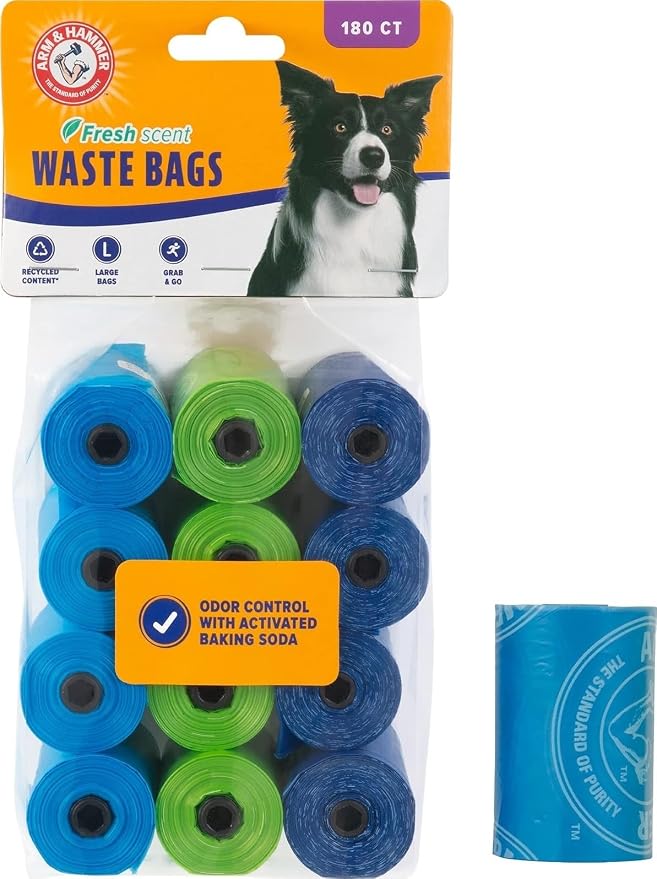 Arm & Hammer Easy-Tear Disposable Dog And Cat Waste Bags With Activated Baking Soda, 180 Dog Poop Bags, 9 x 14 Inches | With Activated Baking Soda, 9 x 14 In