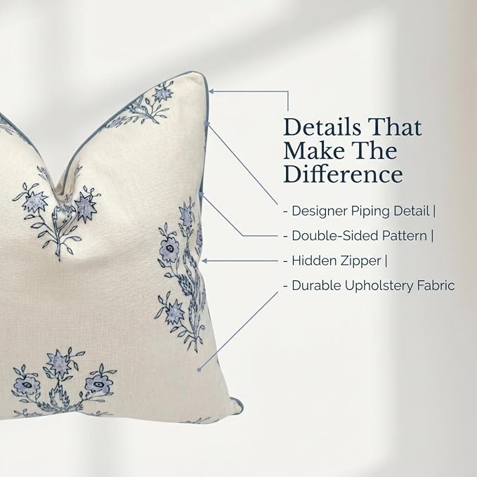 “The Mary” Blue and White Decorative Throw Pillow Cover – Floral Block Print Pillow Cover – Grandmillennial Home Decor, 19" x 19"