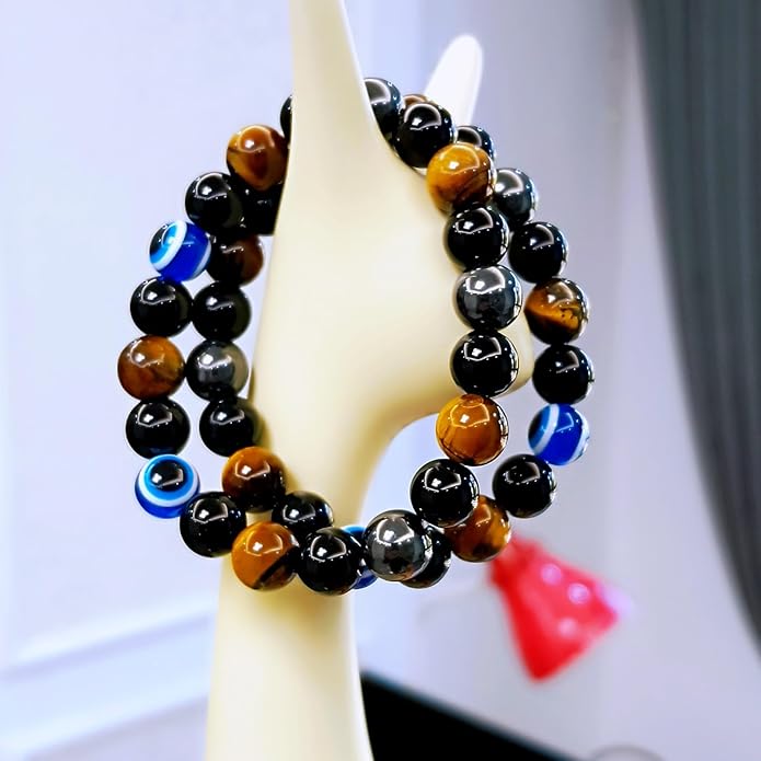 Evil Eye with Hematite Black Obsidian Tiger Eye Stone Triple Protection Bracelets for Men Women, Crystal Healing Stone Bracelet Bring Luck Prosperity and Happiness Jewelry