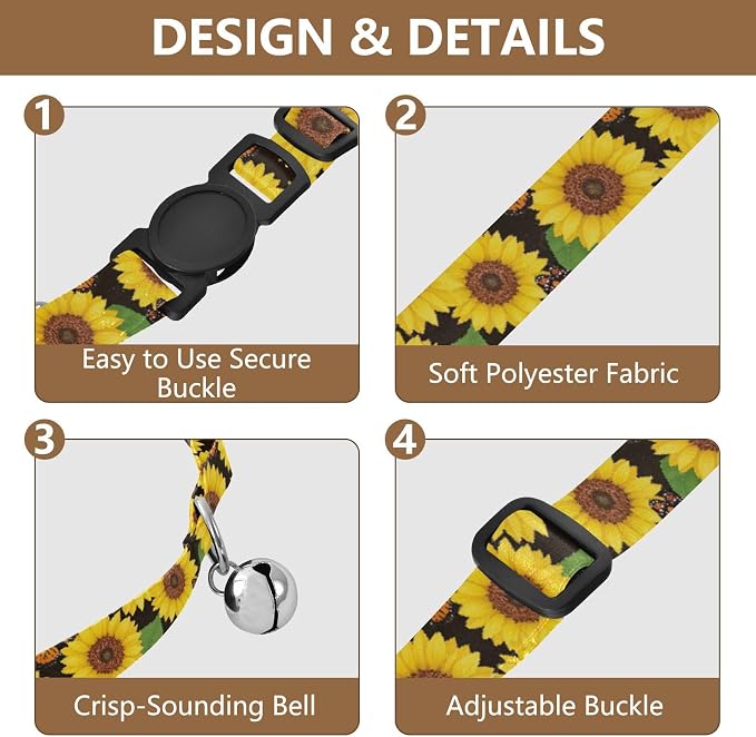 Sunflower Butterfly Leaves Brown Cat Collars with Bell 2 Pack Kitten Collars Adjustable 10.6 to 17.1 Inches