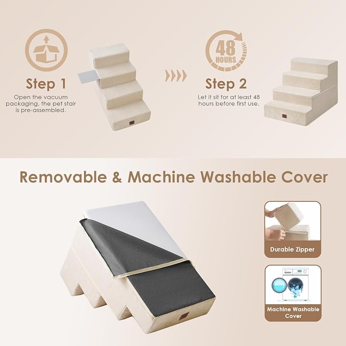 EHEYCIGA Dog Stairs for Bed 20" H, 4-Step Extra Wide Dog Steps, Beige | Pet Steps for Small Dogs and Cats for High Bed, Non-Slip Balanced Pet Ramp Indoor