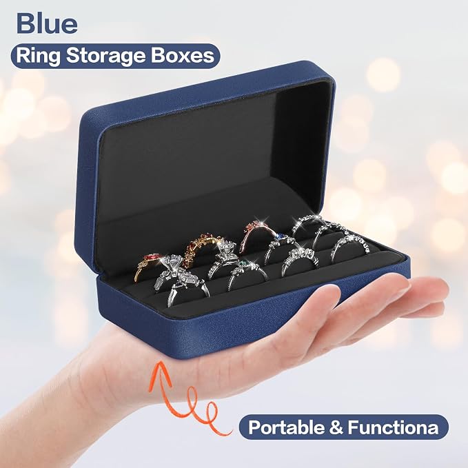 KUKUVR Velet Jewelry Ring Storage Box for Multiple Rings (Blue) | Travel Jewelry Case with 3 Slot Ring Display Organizer