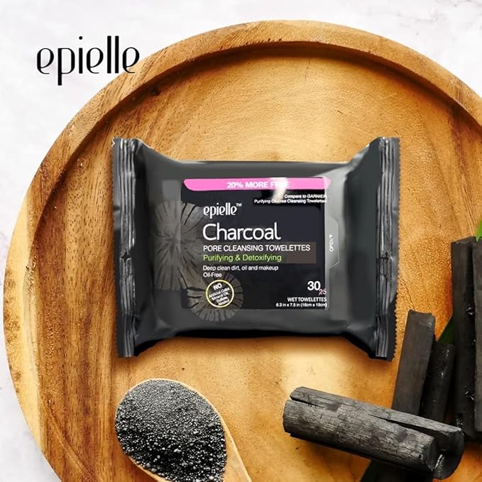 Epielle Charcoal Makeup Remover Wipes, Purifying & Detoxifying, Pore Cleaning Facial Cleanser Towelettes, Remove Dirt, Oil, Waterproof Mascara, Stocking Stuffers, 30 Count (Pack of 2)