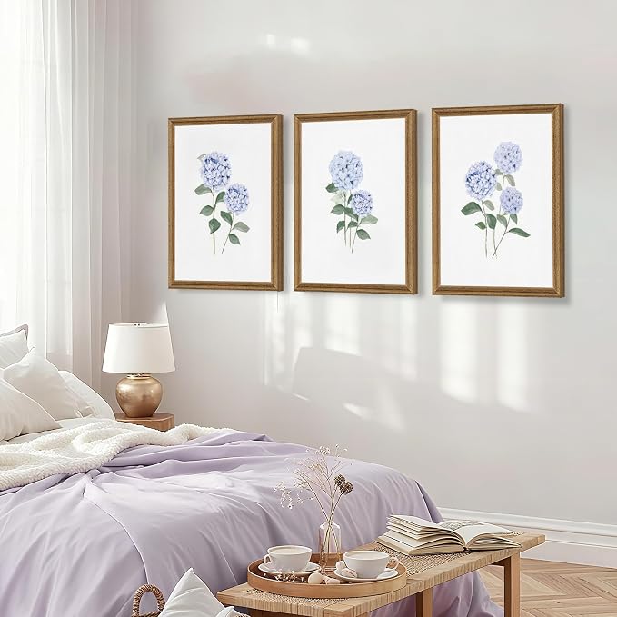WRFON Blue Hydrangea Framed Wall Art Set of 3, Watercolor Floral Botanical Canvas Prints, Minimalist Flower Wall Decor for Dining Room Living Room Bedroom, Wood Frame 16x24 Inch