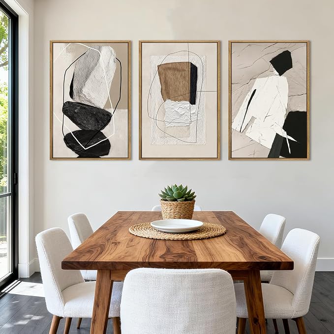 ANHUIB Large Neutral Abstract Wall Art Canvas,Black Beige Artwork, Modern Textured Framed Wall Art, Minimalist Geometric Painting,16x24 Inches Set of 3 for Living Room Bedroom