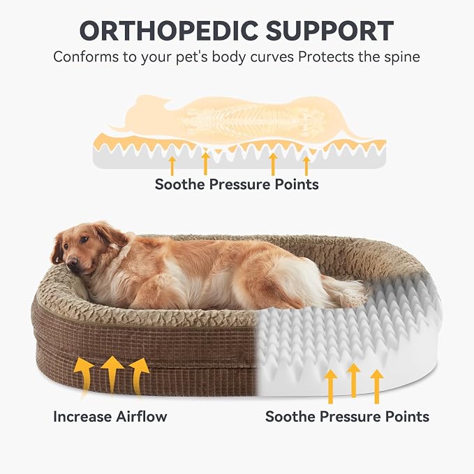 JOEJOY Orthopedic Dog Bed for Extra Large Dogs, XXL Egg-Crate Memory Foam Pet Bed with Bolster Sides, Waterproof Lining, Removable Washable Cover & Non-Slip Bottom, Brown
