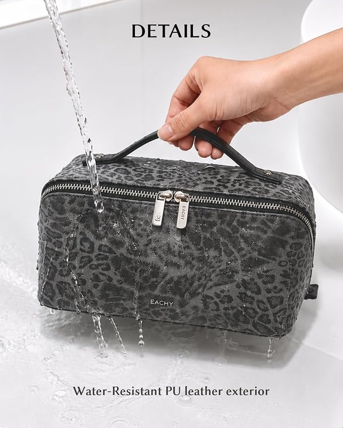 EACHY Travel Makeup Bag, Large Capacity Cosmetic Bag for Women, Waterproof PU Leather, Flat Open Portable Toiletry Bag for Skincare, Brushes & Travel Essentials