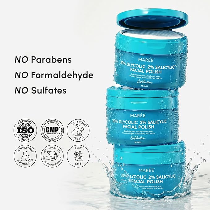 MAREE Glycolic Acid Pads & 2% Salicylic Acid – Toner Pads for Face with 20% Glycolic Acid Solution – Face Exfoliating Pads, Acne Clearing Face Pads – Skin Pore Resurfacing & Radiance Device – 50 Count