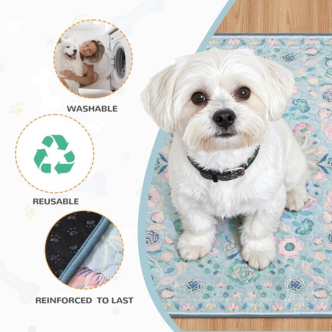 Lahome Botanical Washable Reusable Pee Pads for Dogs, 2 Pack, Blue, 36x48 | Super absorbent, waterproof training mats with leakproof non-slip backing; suitable for potty training, crates and floors.
