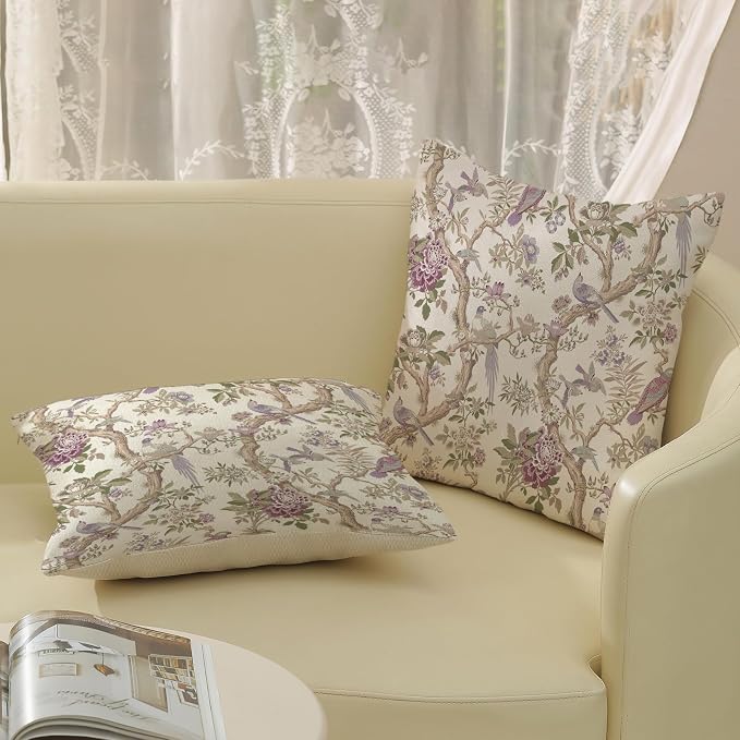 Chinoiserie Pillow Covers 18x18 Set of 2 Purple Green Floral Bird Throw Pillows Vintage Flowers Bird Decorative Pillow Cases Outdoor Chinoiserie Decor Farmhouse Cushion Case for Couch Sofa