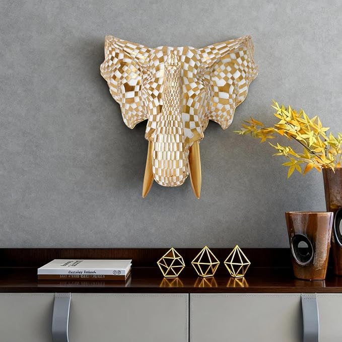 GIGICICI 9x7.8-Inch Vintage Mosaic Elephant Head Wall Sculpture Art Mount Statue for Room Bedroom Office Living Decor(White Gold)